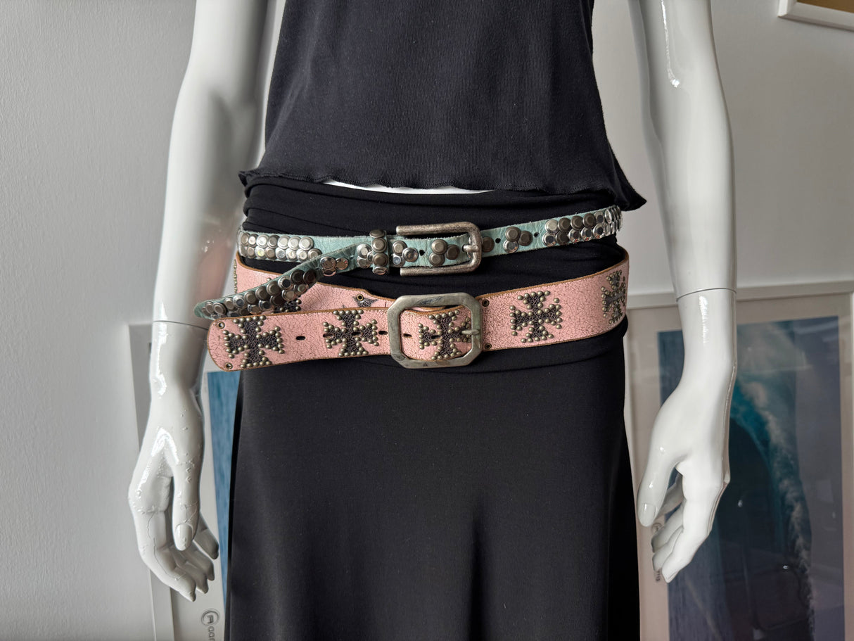 Blue Leather Skinny Belt with Silver Studs
