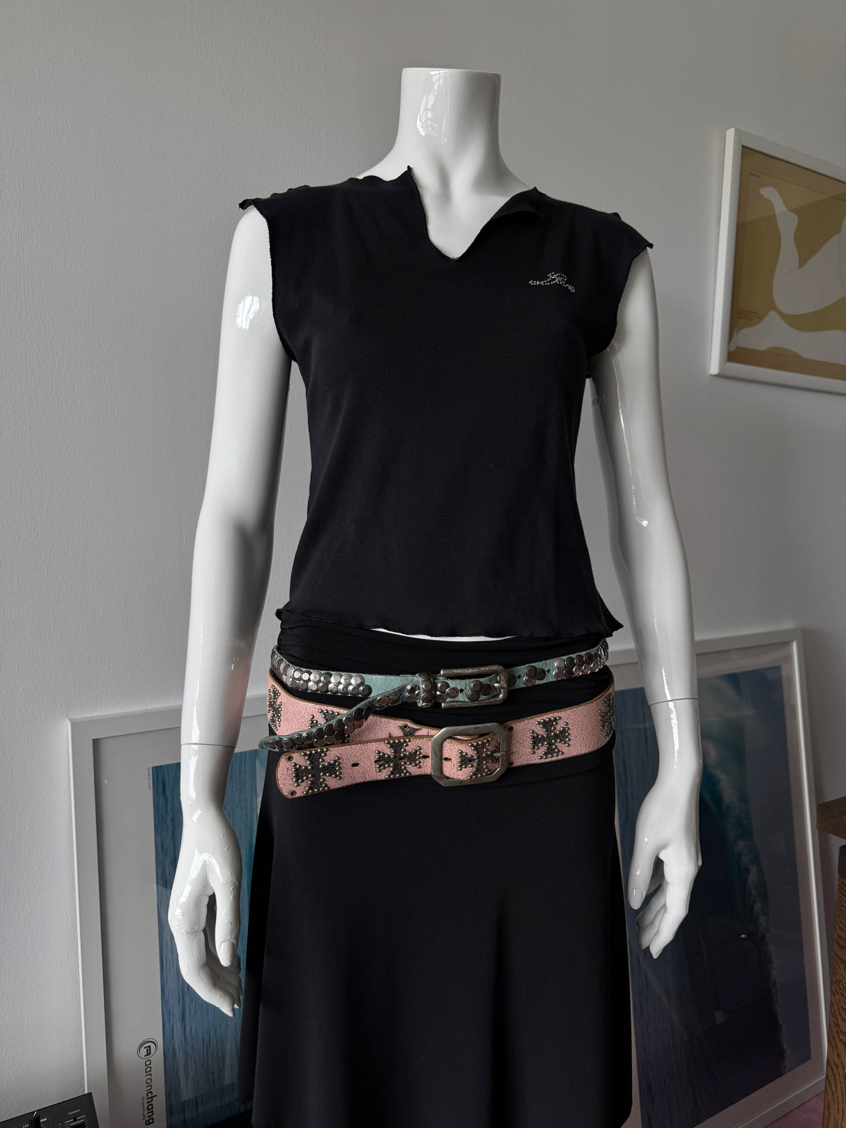 Pink Cracked Leather Belt with Studded Cross