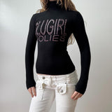 Blumarine Black Hot Pink Rhinestone Turtleneck