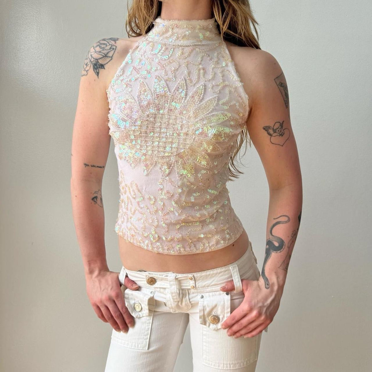 Italian White Pink Sequined Halter Tank
