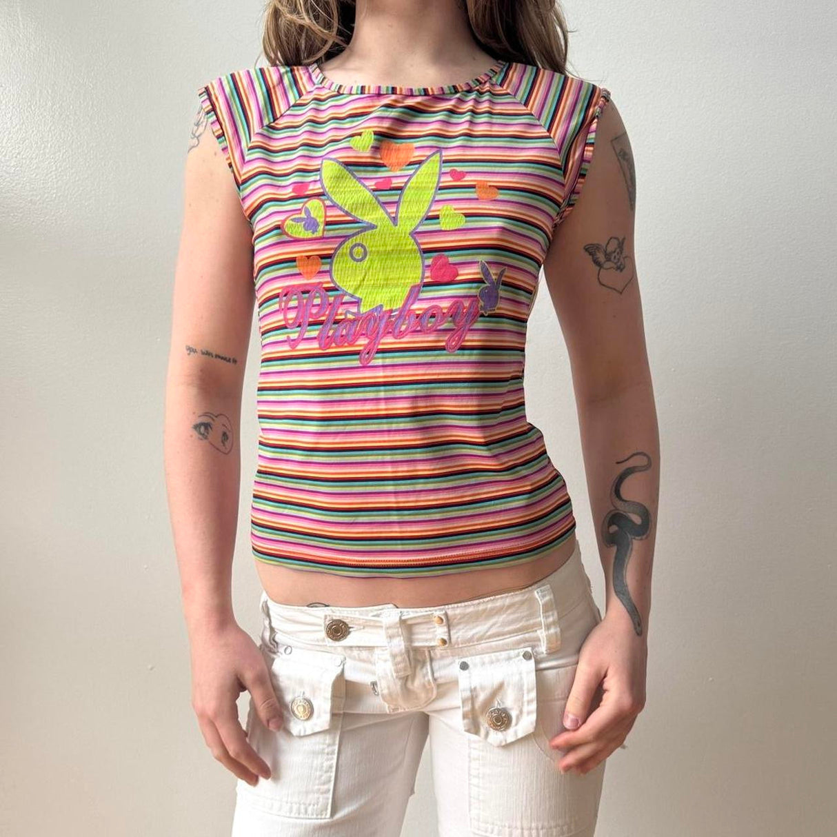 Playboy Rainbow Striped Fitted Baby Tee