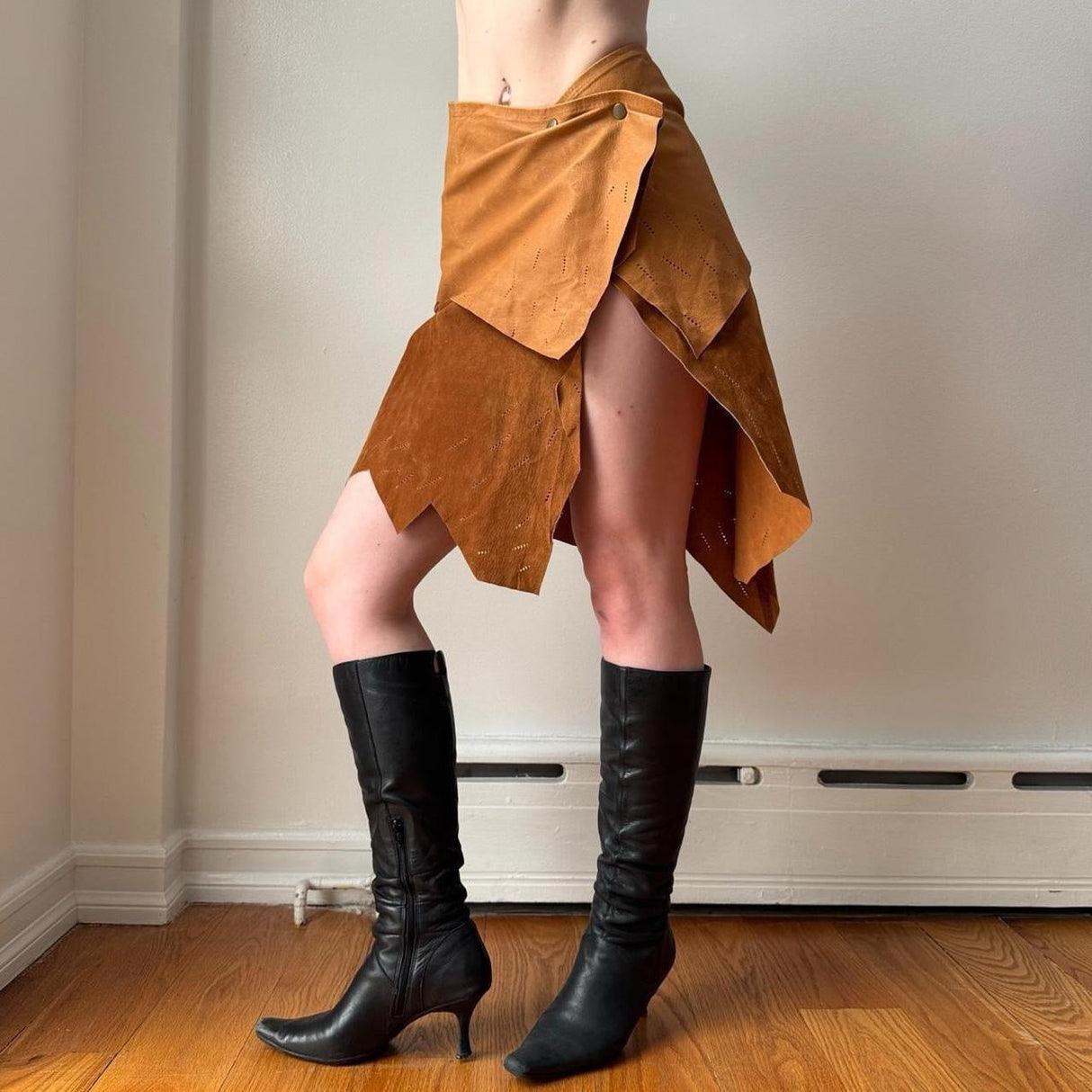 Italian Tan Raw Leather Patchwork Wrap Midi Skirt