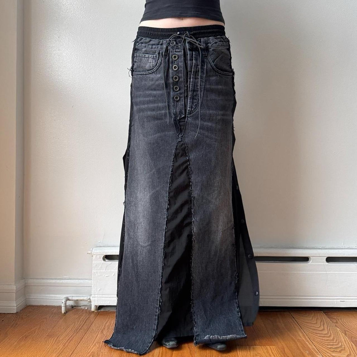Archival Black Grey Denim Patchwork Maxi Skirt