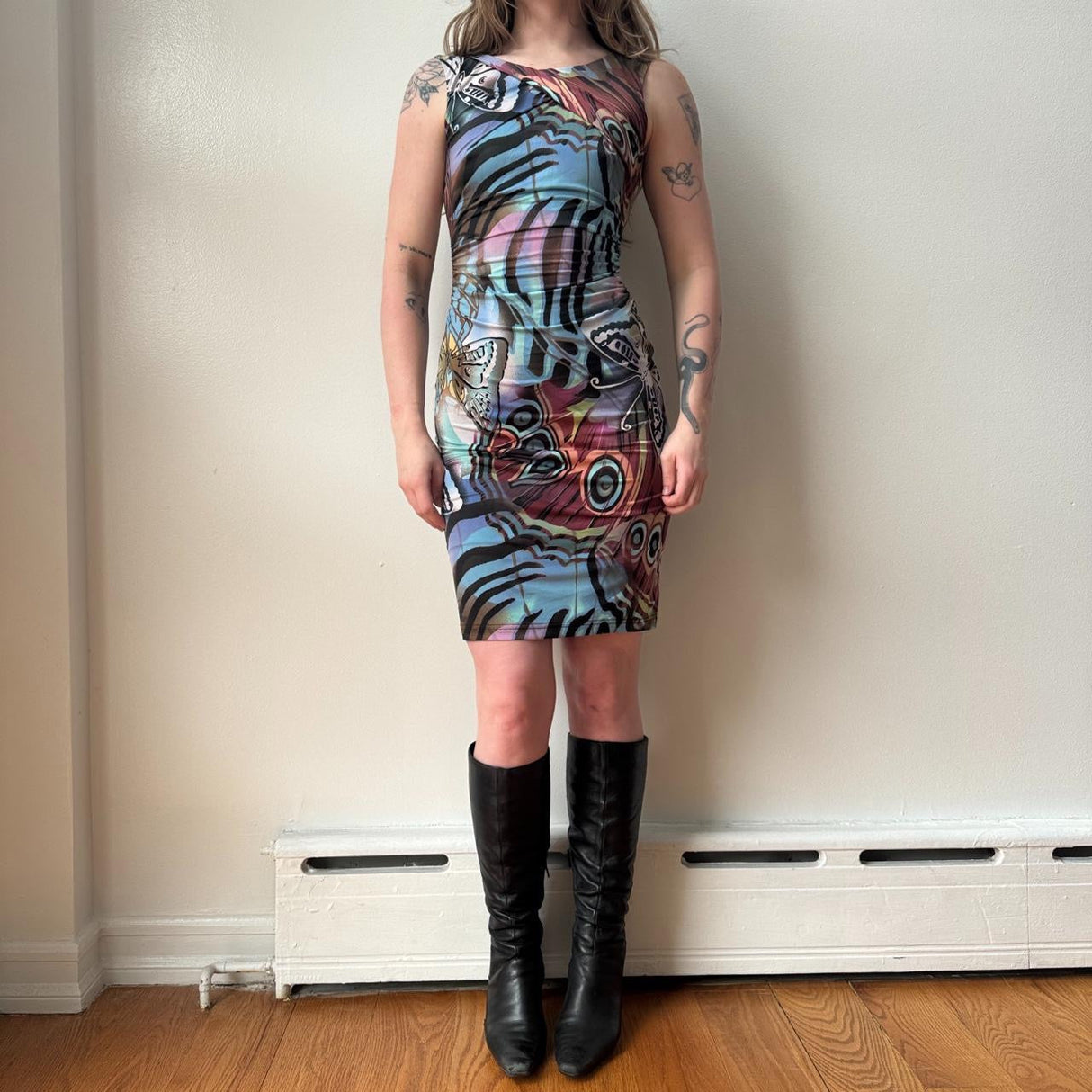 Italian Butterfly Print Ruched Midi Dress