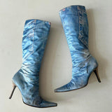 Italian Denim Print Heeled Boots