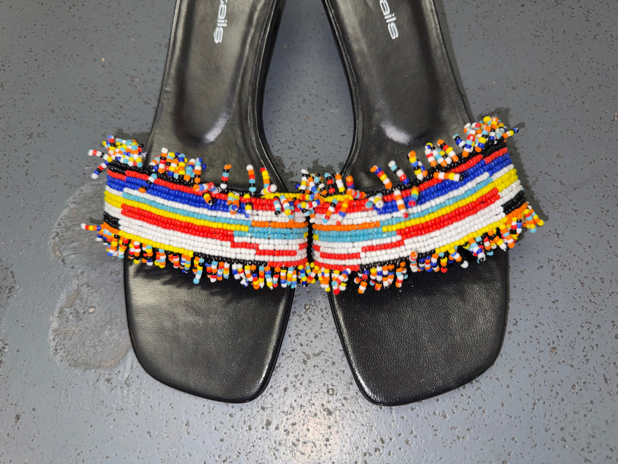 DETAILS Black and Colorful Beaded Kitten Heels Sz US 7.5
