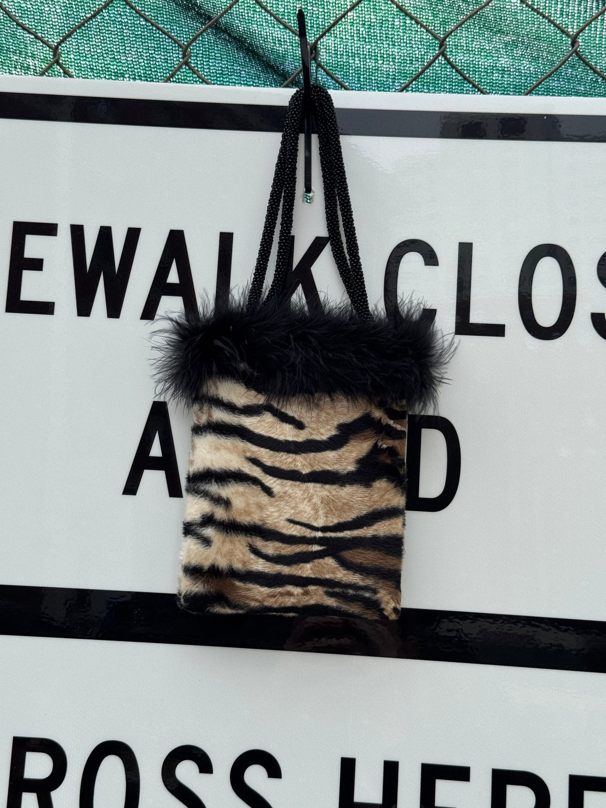 ERMO Tiger Print Faux Fur Bag with Feathers and Beaded Handles