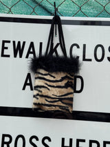 ERMO Tiger Print Faux Fur Bag with Feathers and Beaded Handles