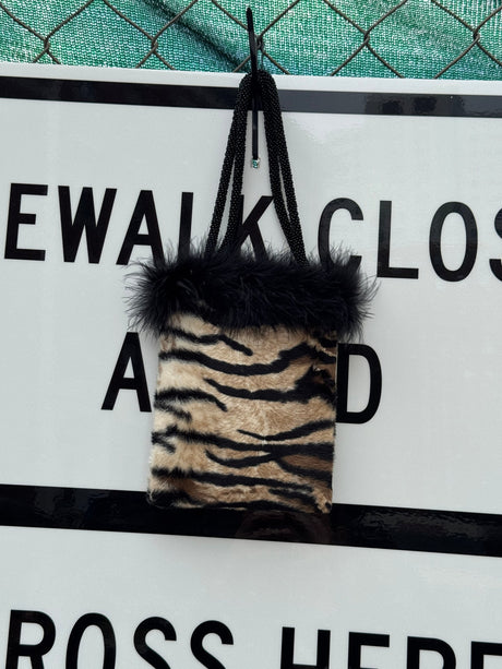 ERMO Tiger Print Faux Fur Bag with Feathers and Beaded Handles