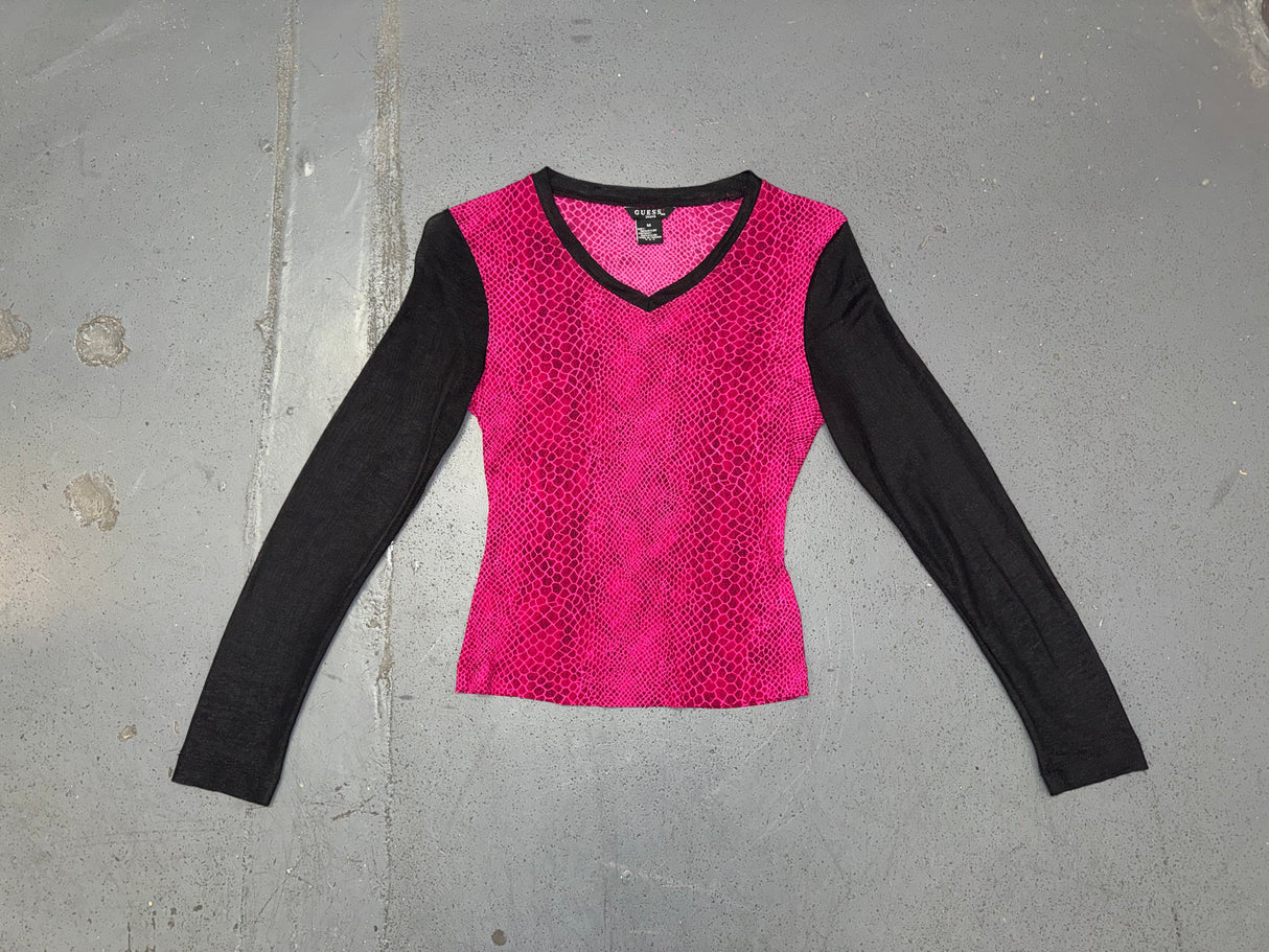 GUESS Pink Snakeskin and Black Mesh Sleeve Top