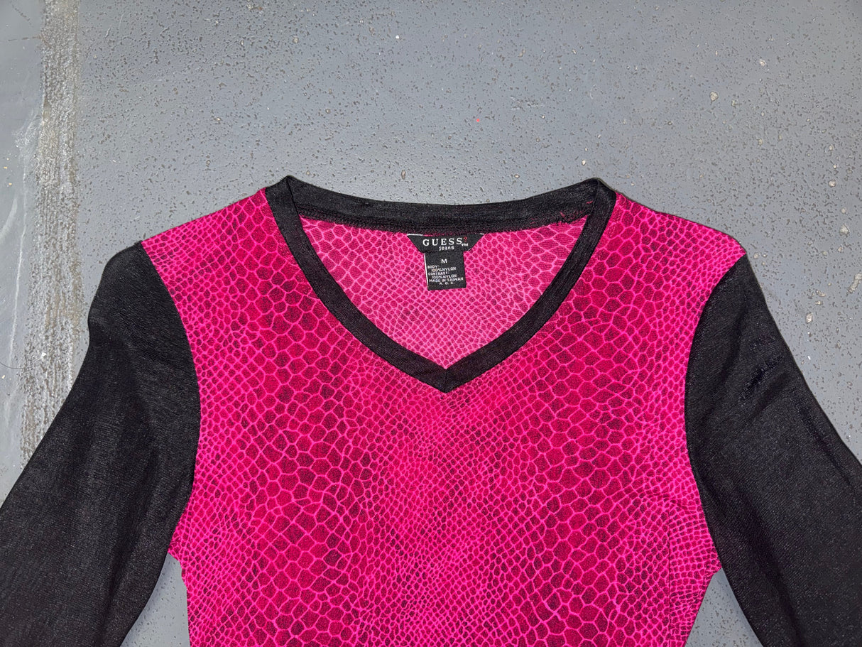 GUESS Pink Snakeskin and Black Mesh Sleeve Top
