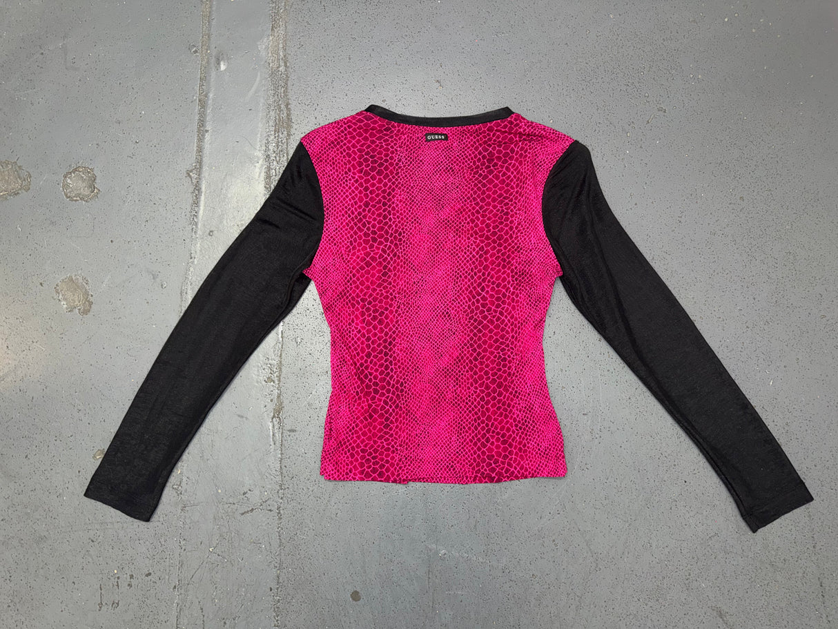 GUESS Pink Snakeskin and Black Mesh Sleeve Top