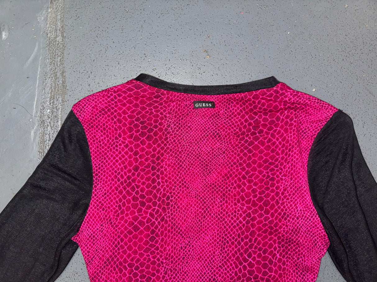GUESS Pink Snakeskin and Black Mesh Sleeve Top
