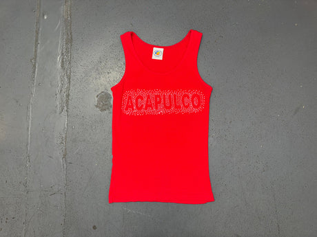 Red Ribbed Tank Top with 'Acapulco' Rhinestone Logo