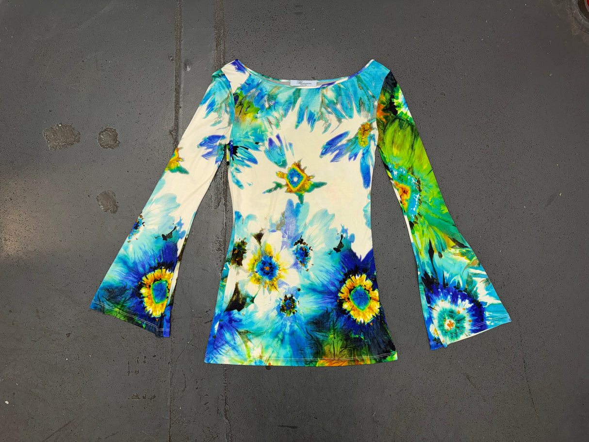 BLUMARINE Silk Blue/Green Floral Print Mini Dress