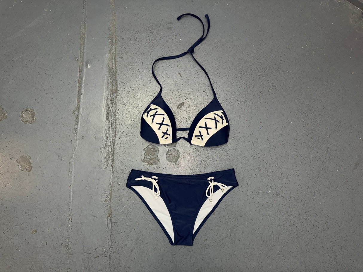 Navy And White Lace Detail Bikini Top and Bottom