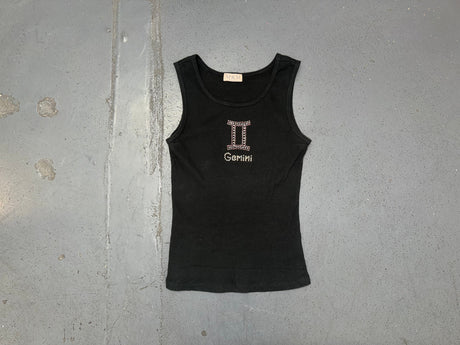 Black Ribbed Tank Top with Gemini Rhinestone Logo