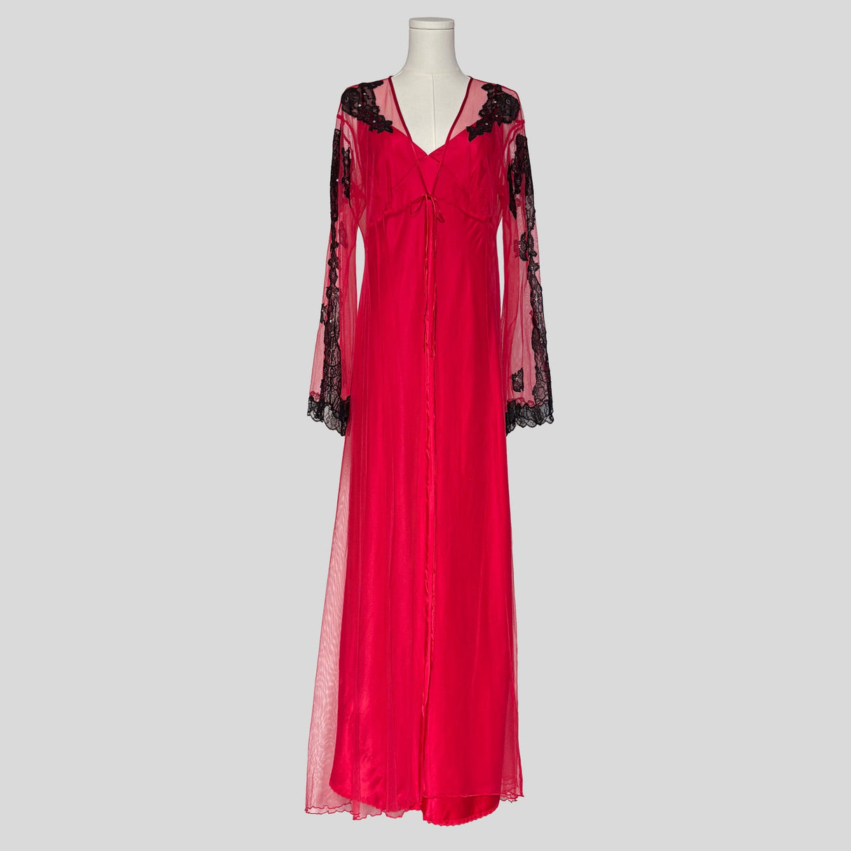 Backless silky gown and mesh robe set in red
