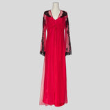Backless silky gown and mesh robe set in red
