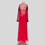 Backless silky gown and mesh robe set in red