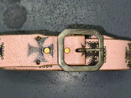 Pink Cracked Leather Belt with Studded Cross