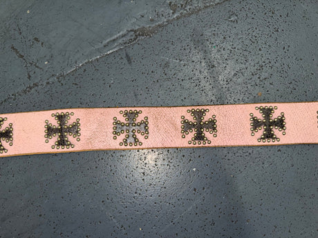 Pink Cracked Leather Belt with Studded Cross