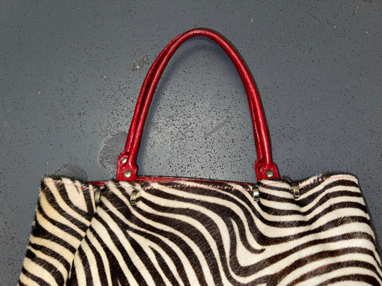 CECCONI PIERO Ponyhair Zebra Print and Red Tote Bag