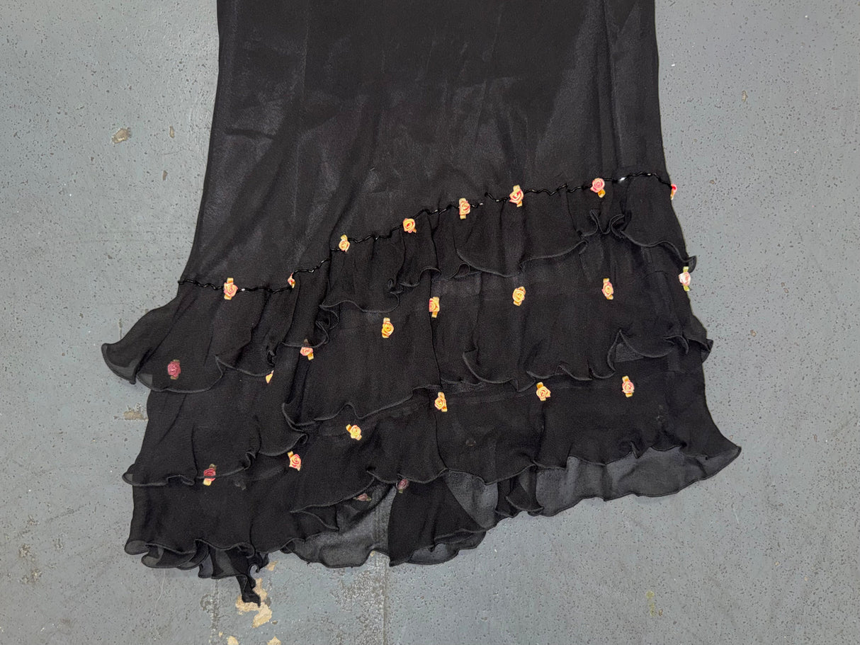 Black Silk Midi Asymmetrical Beaded Skirt