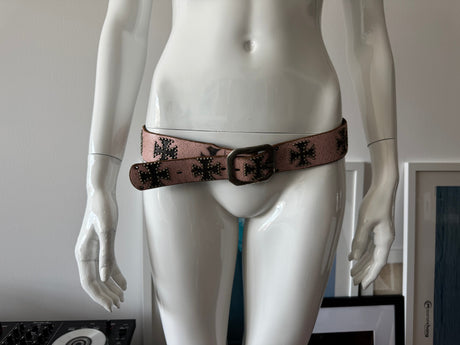 Pink Cracked Leather Belt with Studded Cross