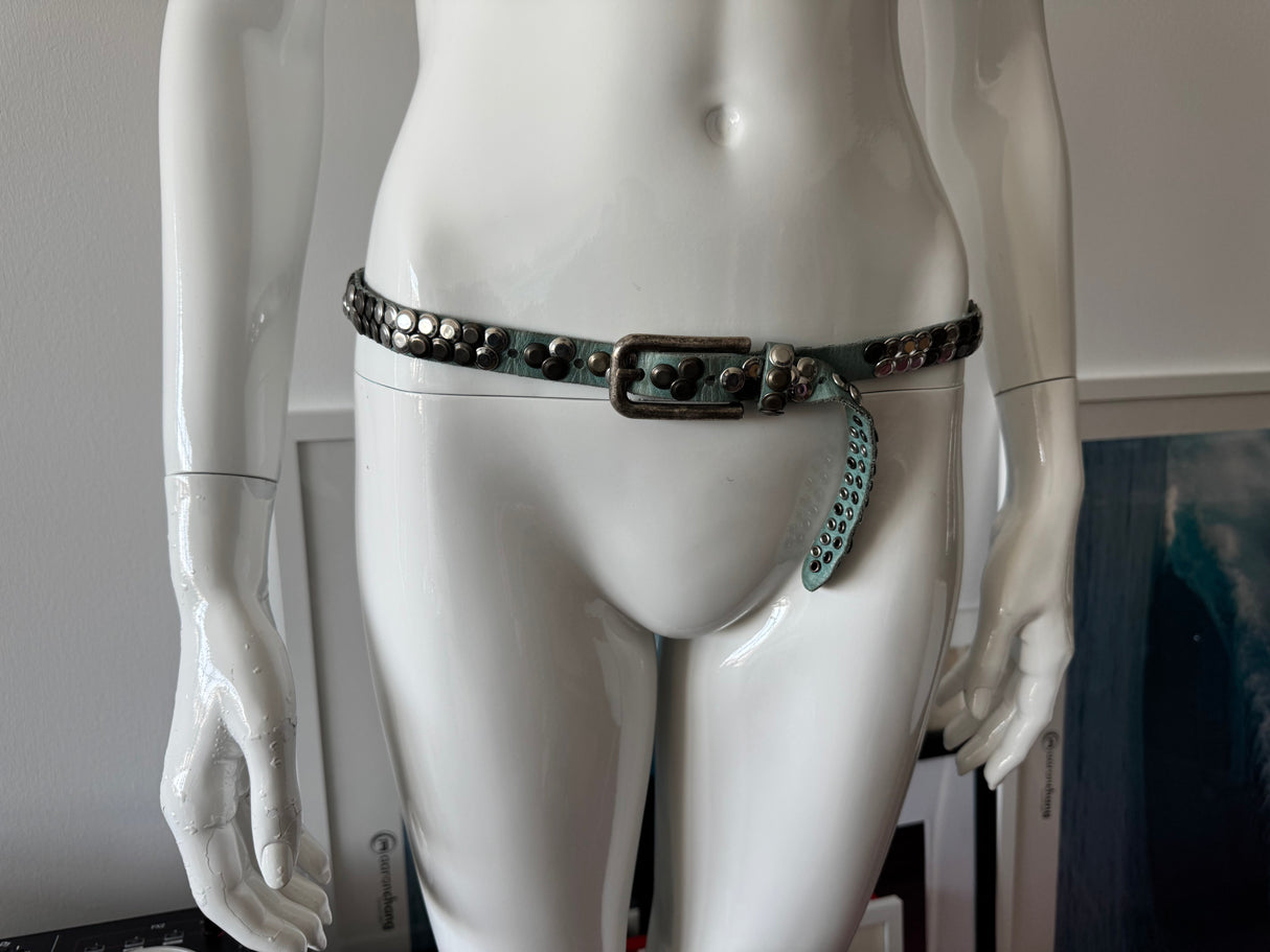 Blue Leather Skinny Belt with Silver Studs