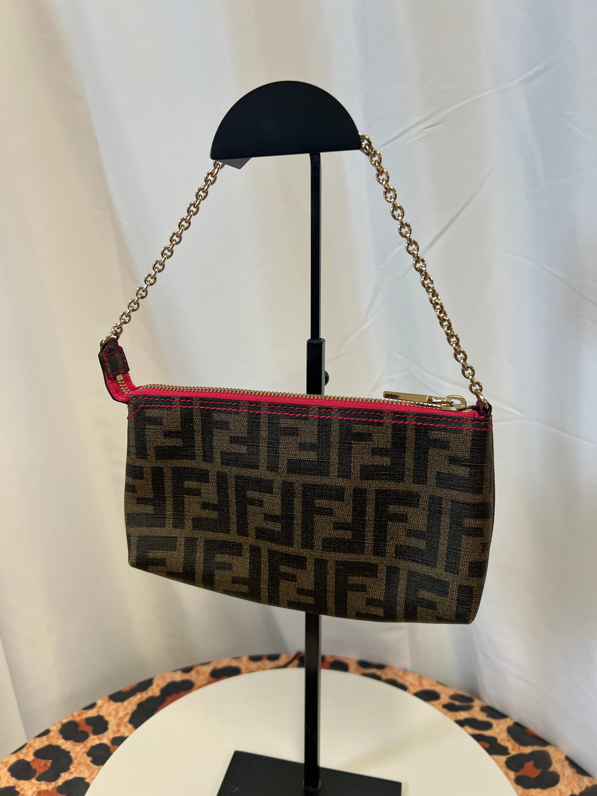 FENDI Zucca Print PVC Canvas Chain Accessory Pouch Brown 8BR592