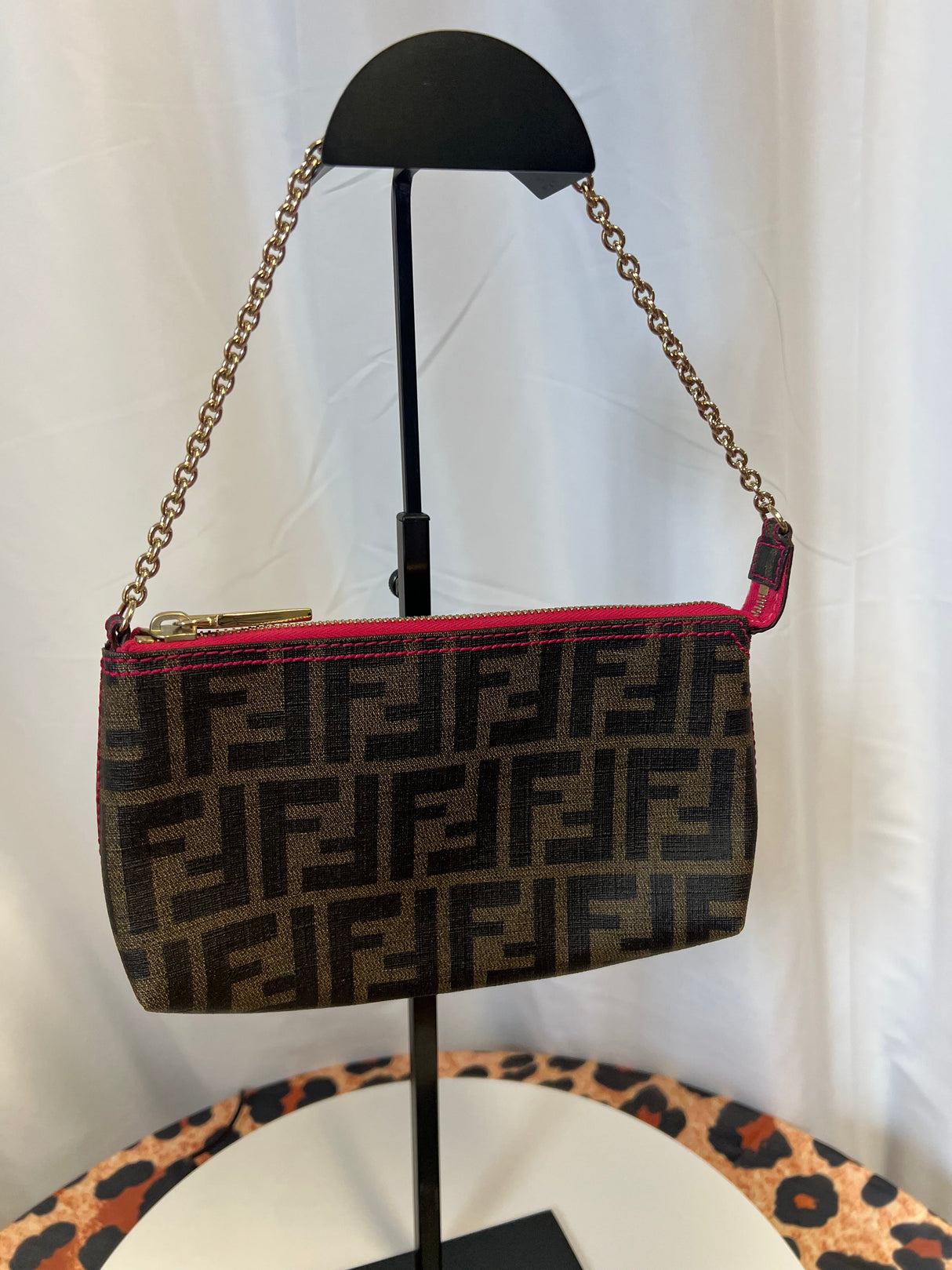 FENDI Zucca Print PVC Canvas Chain Accessory Pouch Brown 8BR592
