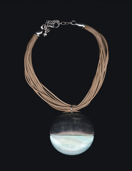 Silver Circle Pendant and Brown Cord Necklace
