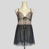 Sheer lace trim split front flyaway chemise in black