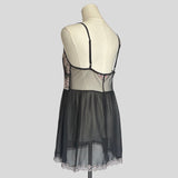 Sheer lace trim split front flyaway chemise in black