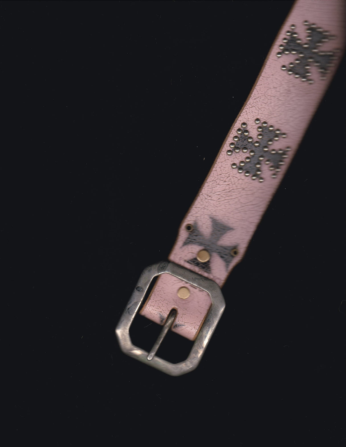 Pink Cracked Leather Belt with Studded Cross