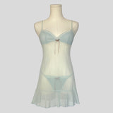 Textured bust ruffled slip dress with matching panties in blue