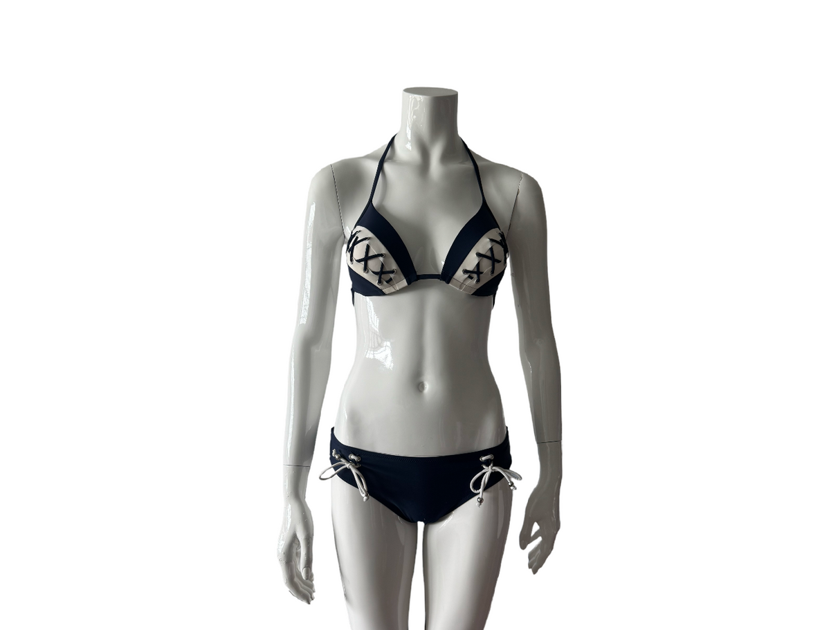 Navy And White Lace Detail Bikini Top and Bottom