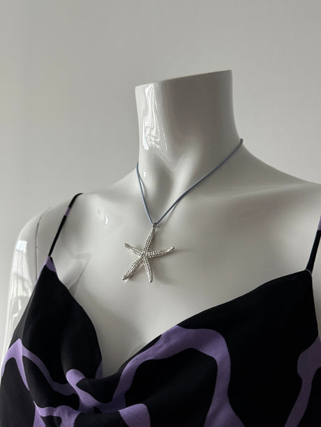 Silver Starfish Necklace with Blue Rope Choker Necklace