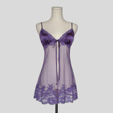 Sheer lace trim split front babydoll dress in purple