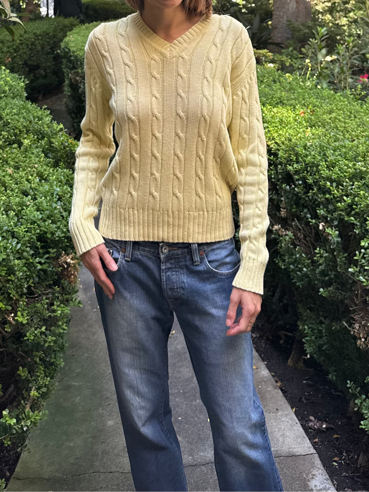 Yellow Cable Knit V Neck Sweater