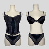 Velvet lace trim three piece lingerie set
