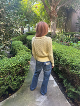 Yellow Cable Knit V Neck Sweater