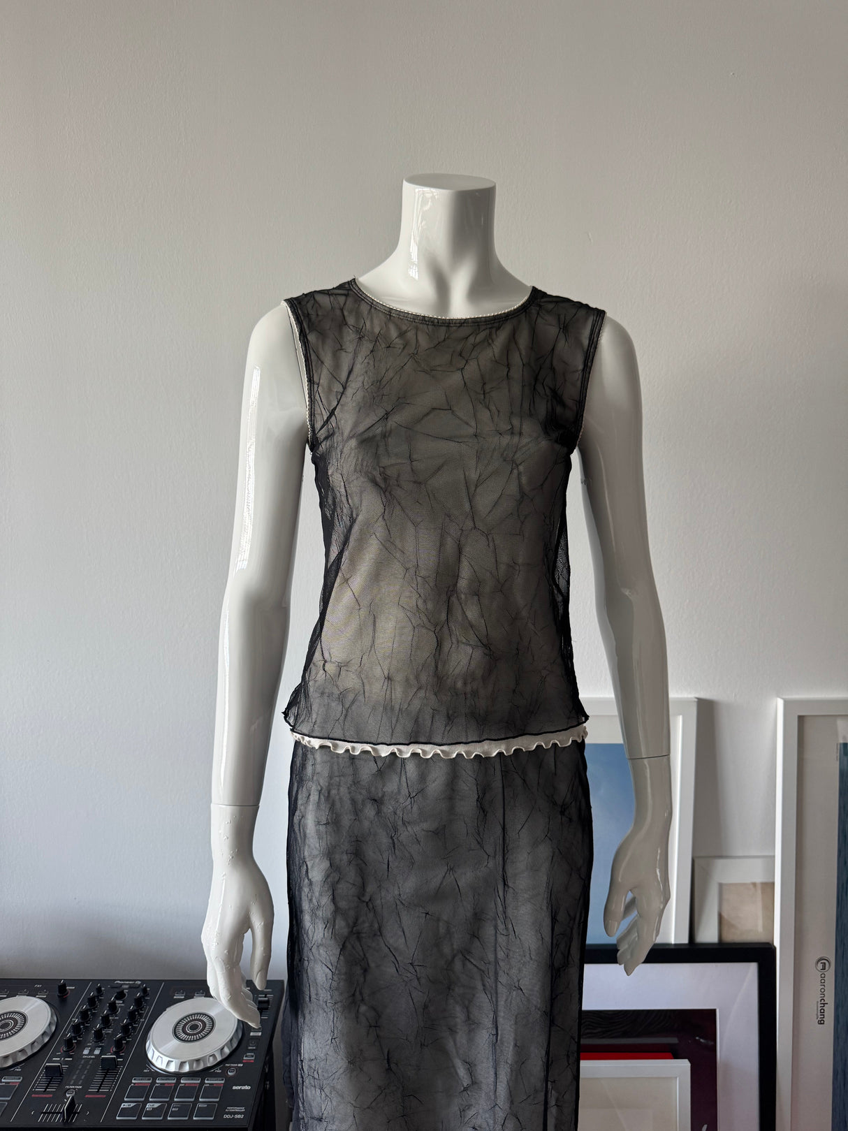 GUESS Black Mesh Crinkle Top