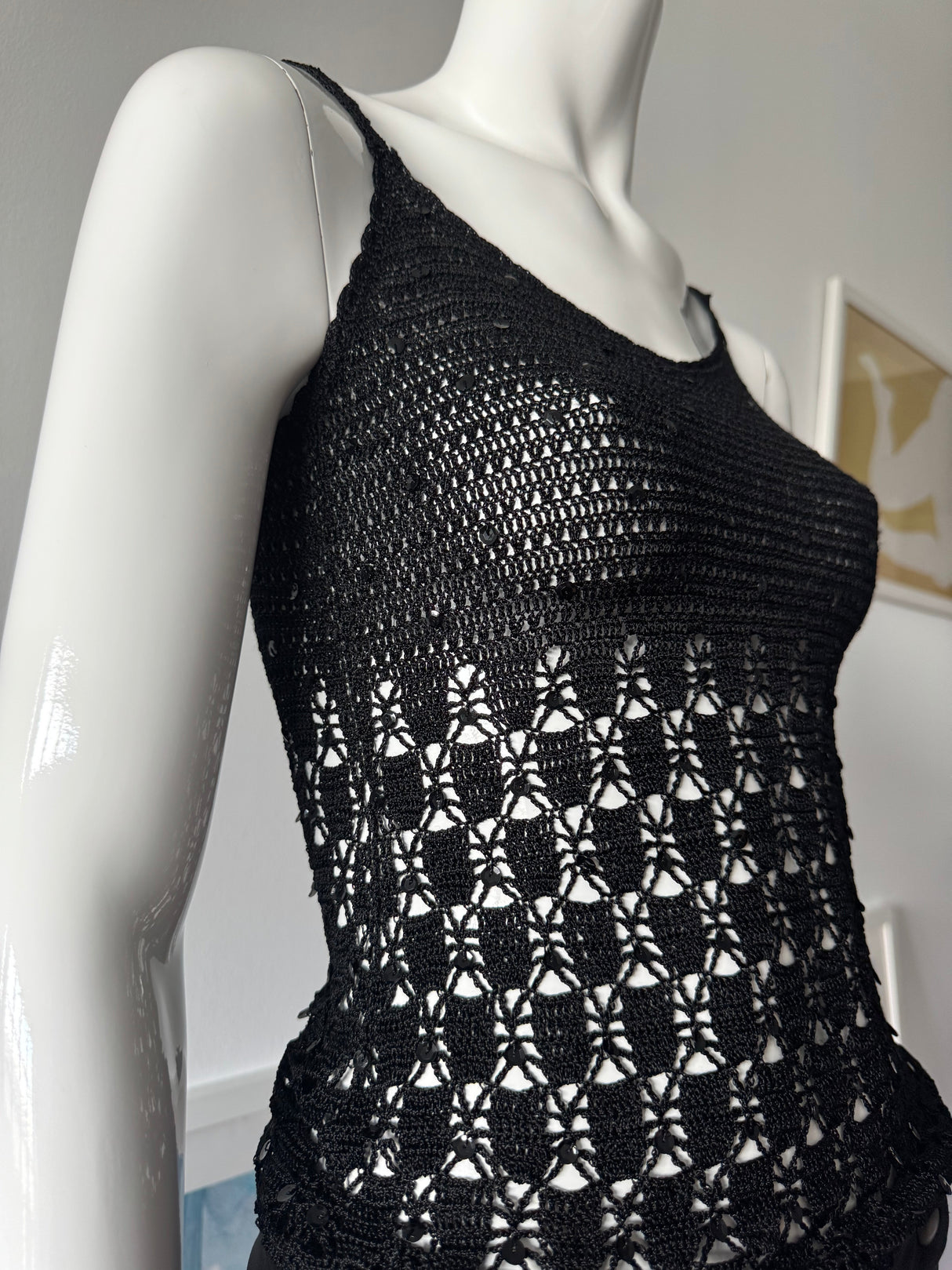 JACQUELINE DE YOUNG Black Knit Crochet Sequin Tank