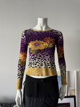 KOKOMO Mesh Leopard Print Beaded Long Sleeve Top