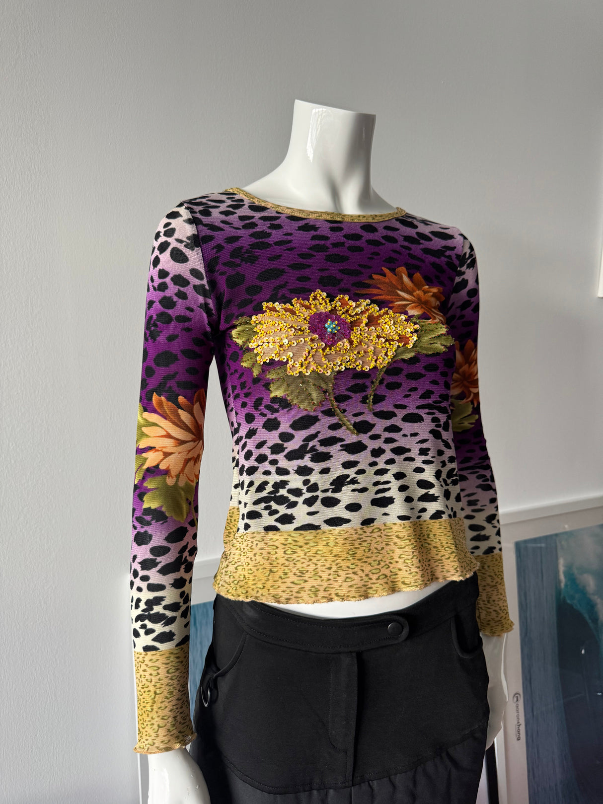 KOKOMO Mesh Leopard Print Beaded Long Sleeve Top