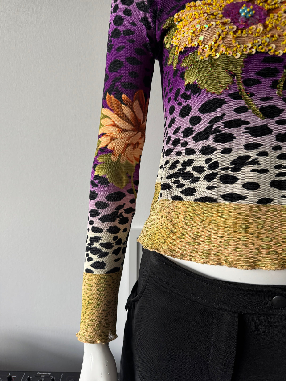 KOKOMO Mesh Leopard Print Beaded Long Sleeve Top