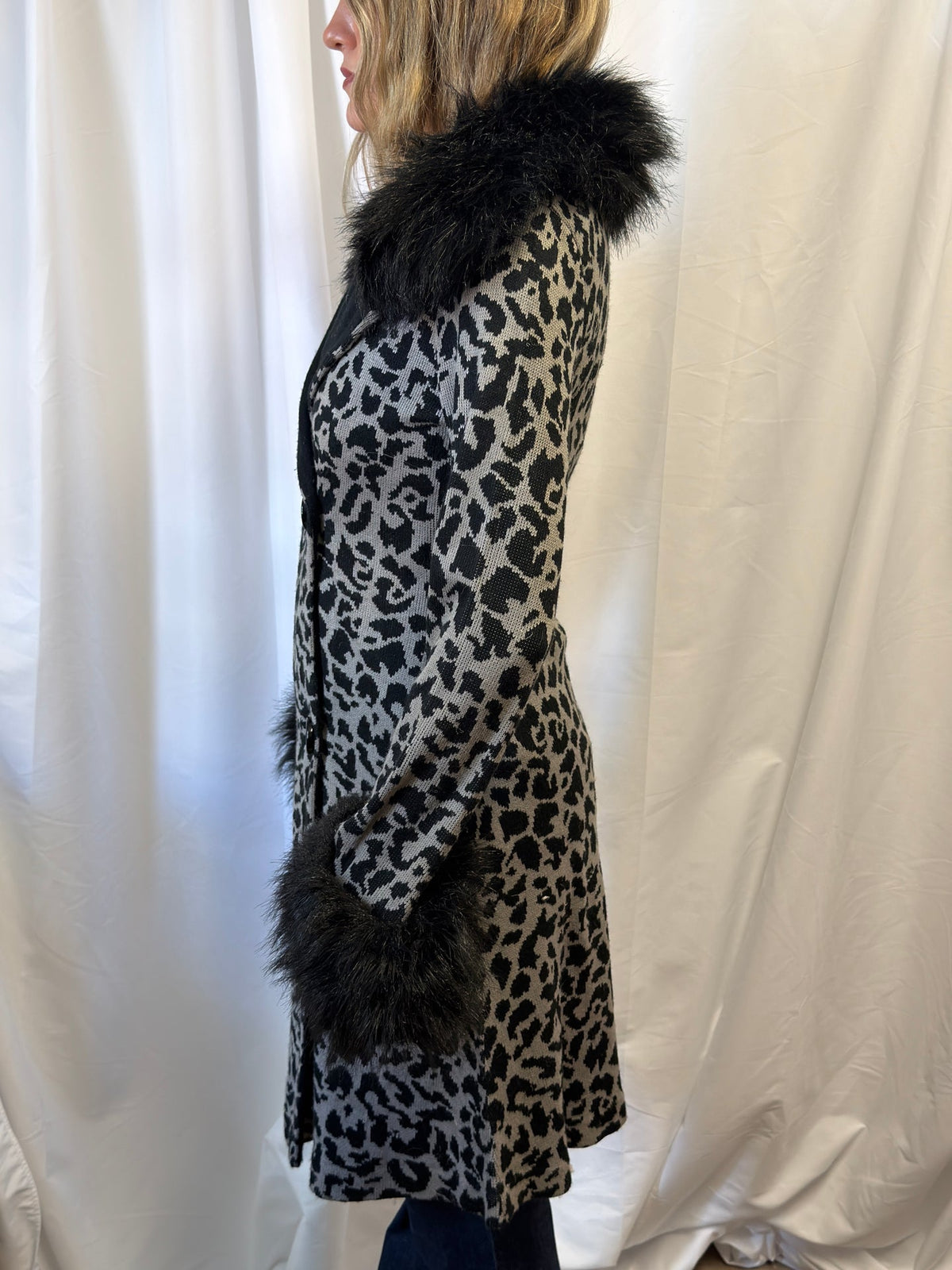 Betsey Johnson Leopard Print Faux Fur Trim Duster