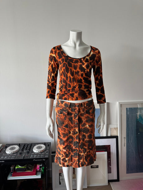 JUST CAVALLI Orange/Black Animal Print Denim Midi Skirt